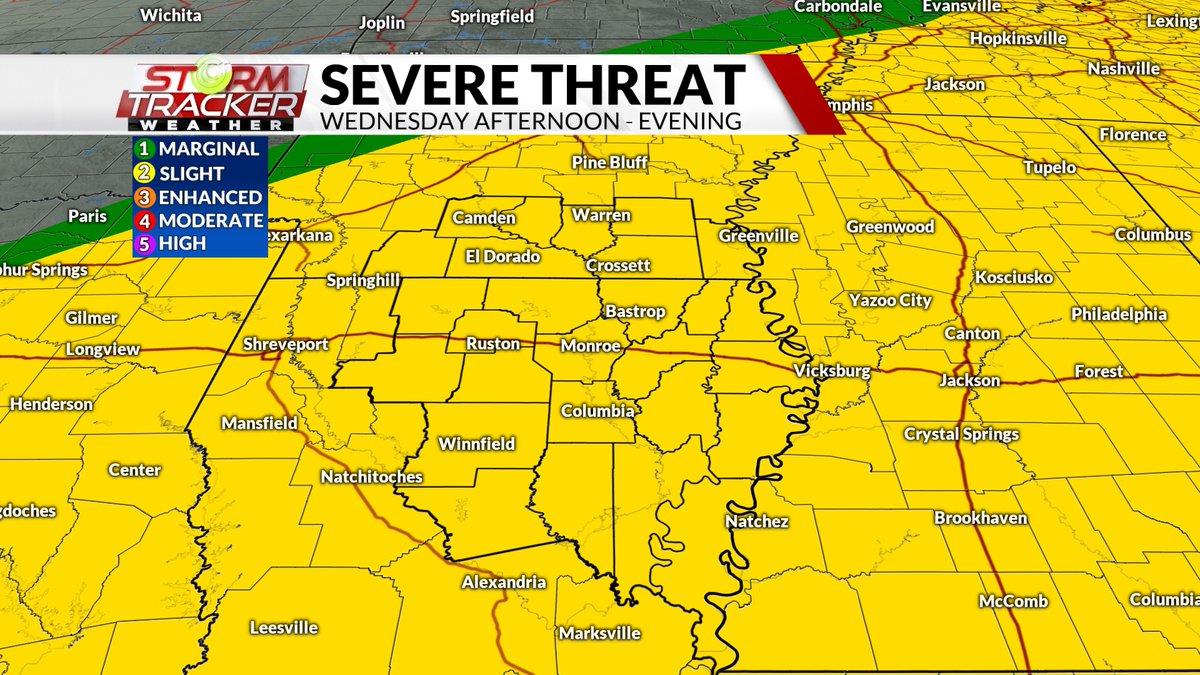 ChaseWard61's tweet photo. Another threat for severe weather is possible tomorrow afternoon and evening. Tonight, storms will stay mostly along and north of I-30 in Arkansas than push through Wednesday. All threats including an isolated tornado or two will be possible.
#severewx https://t.co/1XCNcLAr5A