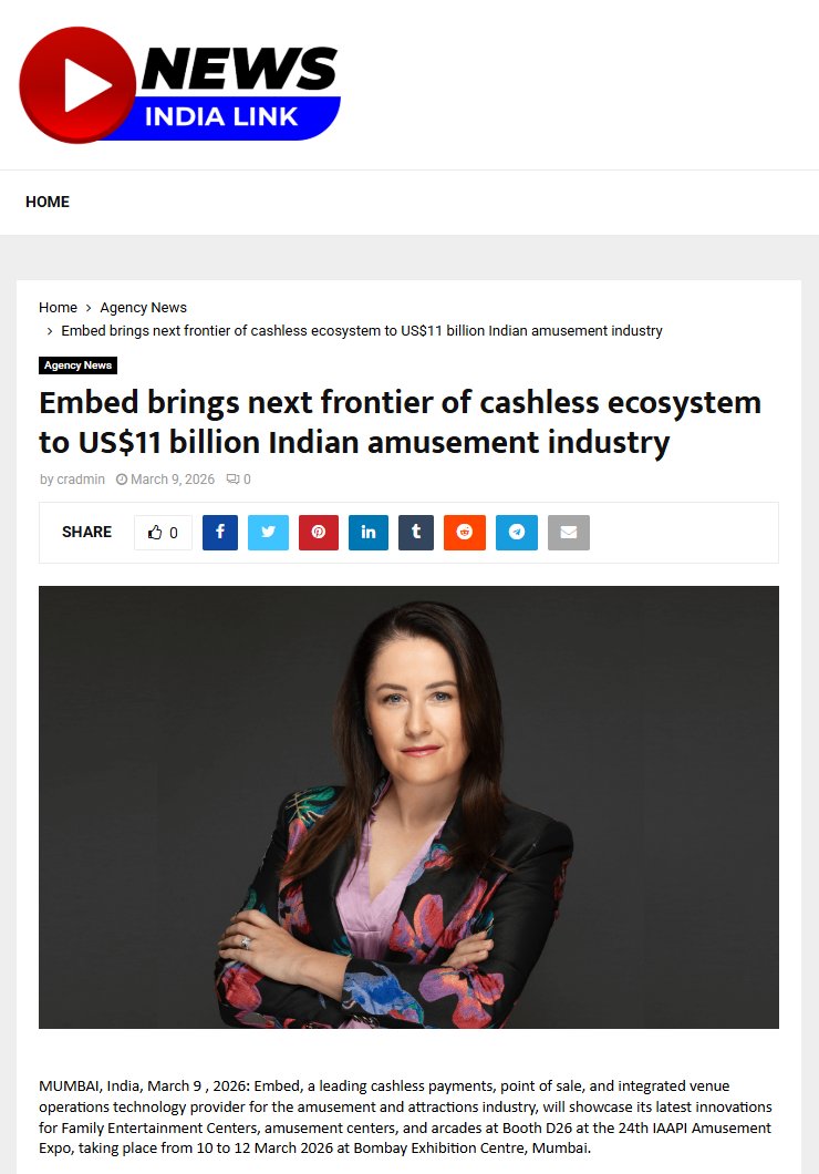 embedcard's tweet photo. Embed CEO Renee Welsh on India’s fast-growing FEC industry: frictionless guest journeys, real-time insights, and smarter operations.

Thanks to News India Link for this feature. Read the full article: https://t.co/p53jcf2HTY

@iaapi_hq
#IAAPIExpo #FuellingFun #TransformingFun https://t.co/GxI7i4vJ22