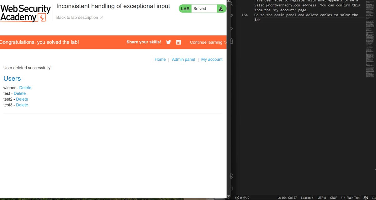 Day 95 of #100DaysOfCybersecurity

Today, I completed the Inconsistent handling of exceptional input topic and solved the lab, it was cool and fun

<a href="/real_nuelOj/">Nuel</a> <a href="/elormkdaniel/">Elorm Daniel</a> <a href="/ireteeh/">Dr Iretioluwa Akerele</a> <a href="/TemitopeSobulo/">Temitope Sobulo🛡️</a> <a href="/Shabosec/">Koupon</a> <a href="/ce3nerd/">cybernerd🤖</a> <a href="/Cyblackorg/">CyBlack</a>
