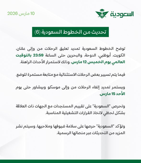 الخطوط السعودية تمدد تعليق الرحلات إلى الكويت وأبوظبي حتى 12 مارس