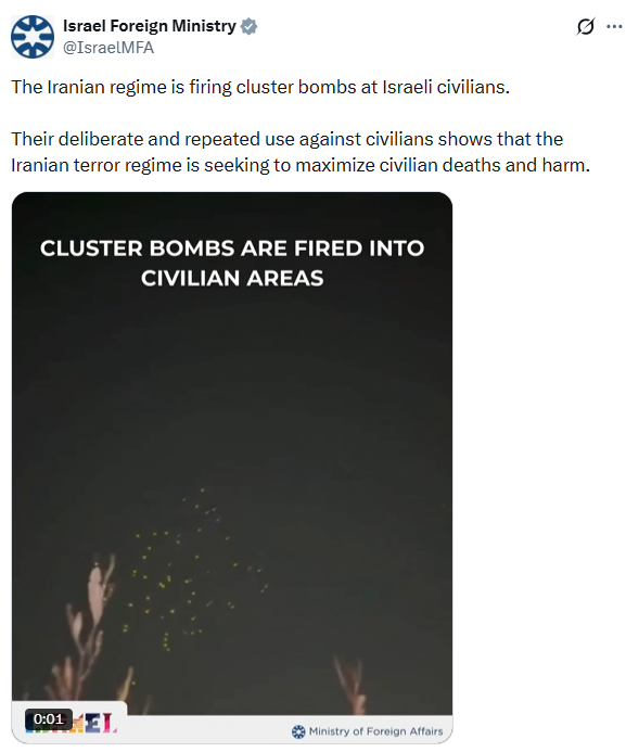 PTI_News's tweet photo. Israel Foreign Ministry (@IsraelMFA) posts, "The Iranian regime is firing cluster bombs at Israeli civilians.  Their deliberate and repeated use against civilians shows that the Iranian terror regime is seeking to maximize civilian deaths and harm." https://t.co/wUKJRXMZHu