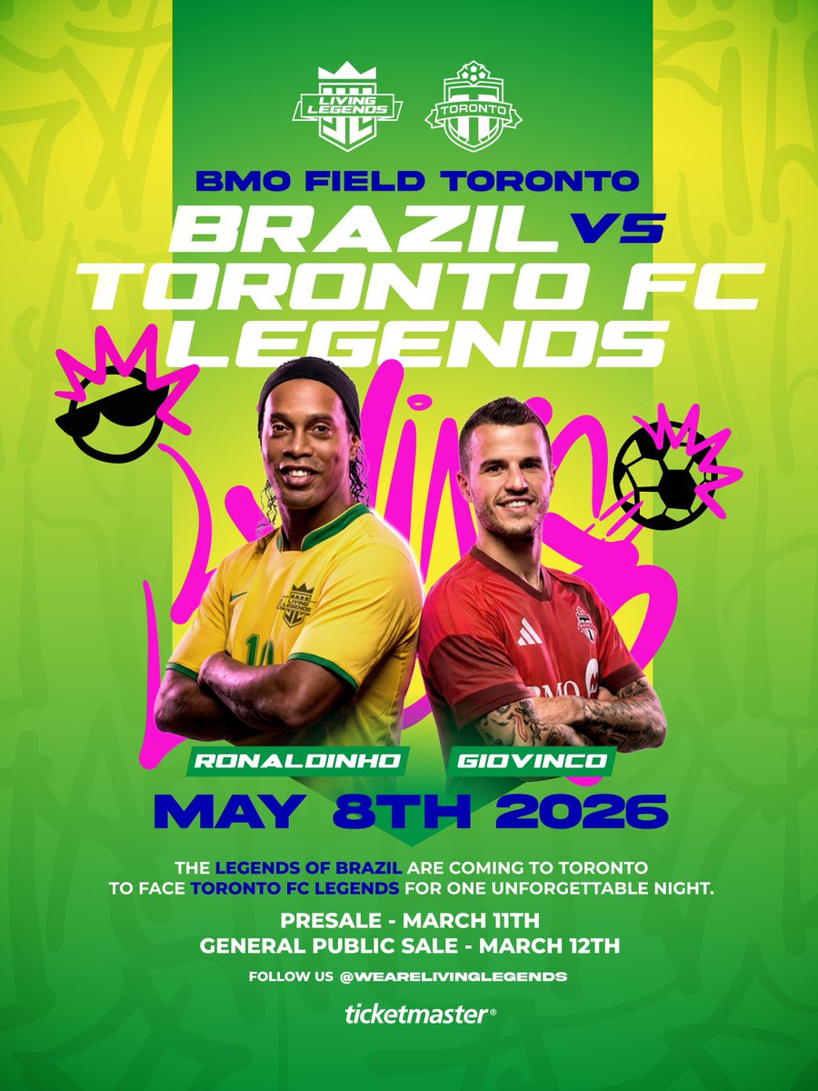 BMOField's tweet photo. Just Announced! Living Legends takes over BMO Field on May 8 as Brazil Legends face @TorontoFC Legends, featuring @10Ronaldinho & Sebastian Giovinco ⚽

🎟 Presale access for Toronto FC season ticket holders: March 11 at 10AM
🎟 Public On Sale: March 12 at 10AM

Stay tuned for player announcements and match updates 💫