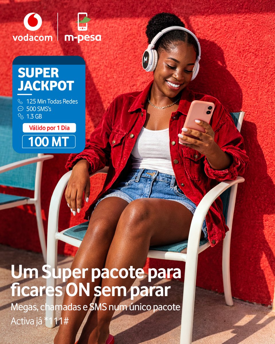 VodacomMz's tweet photo. Quando o pacote Γ© Super, o resto Γ© resto. π β
Activa jΓ‘ o Super Jackpot de 100MT pelo *111# e fica ON. β
#SuperJackpot #EstamosON #LigadosTemosTudobom https://t.co/dGRGhhJIi2