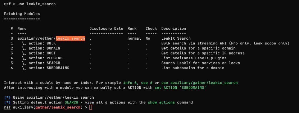 leak_ix's tweet photo. 🔍LeakIX is now available as a Metasploit module thanks to @Chocapikk_ ongoing contributions to @rapid7's framework 😎!

Search, look hosts up, query subdomains, and find leaks directly from msfconsole.

https://t.co/0jag98KYeN https://t.co/qdGyDwr5pn