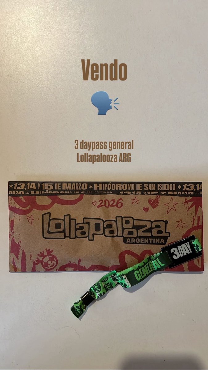 CelesteBelenOk's tweet photo. VENDO ENTRADA 3 DAY PASS LOLLAPALOOZA ARGENTINA

🎟️ 3 Day Pass 
🗓️13, 14 y 15 de Marzo
💵 Charlable

📍Entrega presencial el mismo día del evento en el hipódromo en CABA o Mendoza Ciudad hasta el jueves https://t.co/QcY6fjthr0