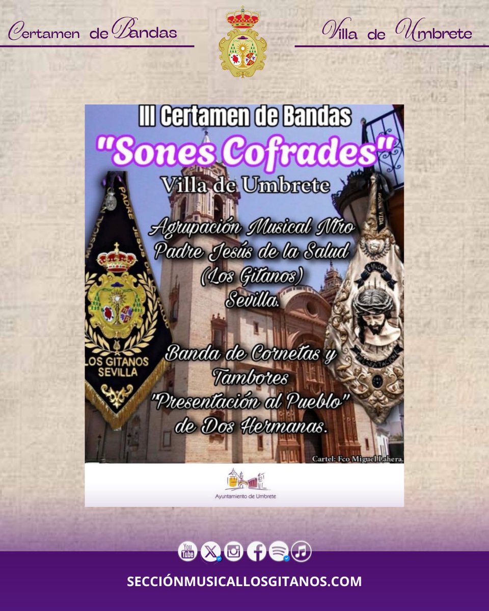 Este viernes nuestros sones estarán presentes en el Certamen de Bandas “𝐕𝐢𝐥𝐥𝐚 𝐝𝐞 𝐔𝐦𝐛𝐫𝐞𝐭𝐞”, una cita musical organizada por el Ayuntamiento de la localidad.

<a href="/AytoUmbrete/">Ayto. Umbrete</a> 
#ElCompásDeLosGitanos