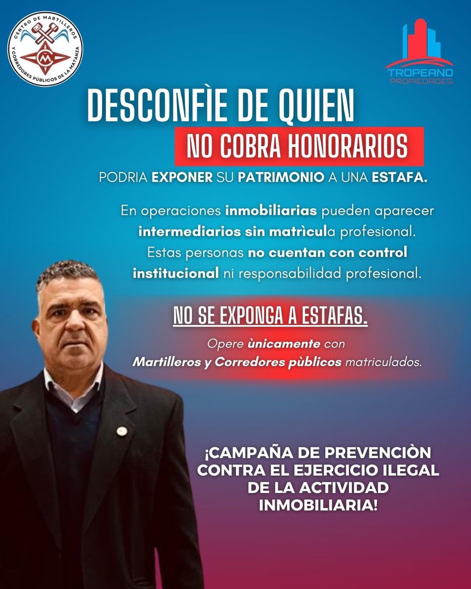 Siempre que vas a realizar una Operación Inmobiliaria hacerla con un profesional Inmobiliario Matriculado.
Evita Estafas. Siempre opera con una Inmobiliaria de Confianza. 🤝
<a href="/CentroMatanza/">Centro Matanza</a> @martillerosmatanza <a href="/BRANAPROP/">A. BRAÑA PROPIEDADES</a> <a href="/TropeanoPropie1/">Tropeano Propiedades</a>