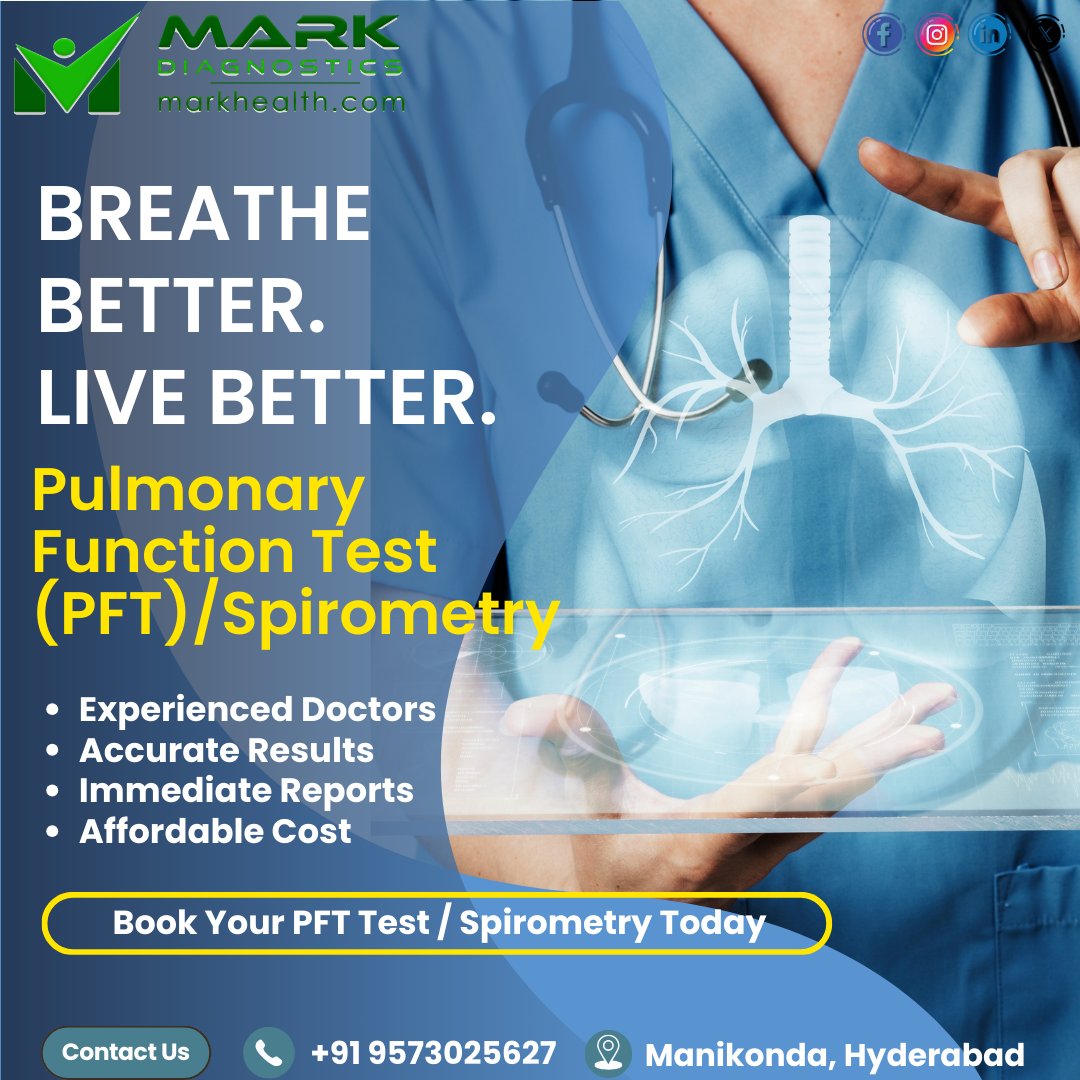 MarkDiagnostics's tweet image. 🫁 Breathe Better. Live Better. Get your Pulmonary Function Test (PFT) at Mark Diagnostics. 
&amp;gt; Experienced Doctors 
&amp;gt; Immediate Reports 
&amp;gt; Affordable Cost 
&amp;gt; + 91 9573025627   
 #Diagnostics #MarkDiagnostics #Hyderabad