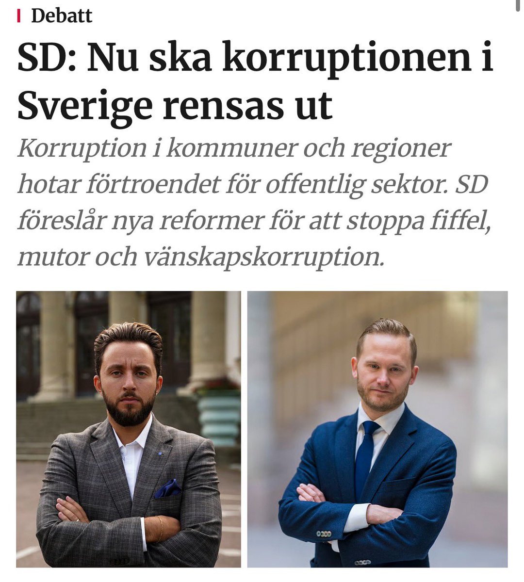 VingeHenrik's tweet photo. Vi återinför tjänstemannaansvaret. 

Det gör vi för att återupprätta allmänhetens förtroende för offentlig sektor genom att med krafttag rensa ut korruption, fiffel och fusk. Exempelvis sådant som misstänks ha förekommit inom Region Stockholm och SL.

I vårt Sverige ska offentlig förvaltning arbeta för medborgarnas bästa och korruption ska aldrig tolereras, det ska bestraffas hårt.

Rättsväsendet behöver samtidigt stärkas för att kunna upprätthålla ett starkt tjänstemannaansvar. Vi vill därför satsa på att anställa fler poliser som jobbar mot korruption, fusk och fiffel. 

Läs gärna vår debattartikel som är länkad här nedanför:
