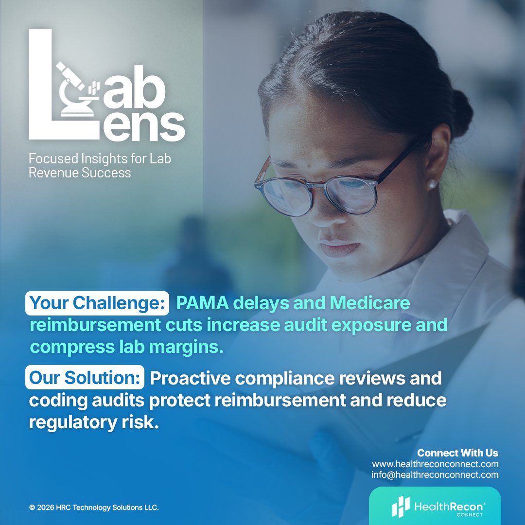 Health_Recon's tweet image. PAMA Delays. Medicare Cuts. Shrinking Lab Margins.

Reimbursement compression and evolving regulatory requirements continue to reshape laboratory revenue. Even small compliance gaps can trigger audits, penalties, or costly clawbacks.

#HealthReconConnect #LabLens #PAMA #Medicare