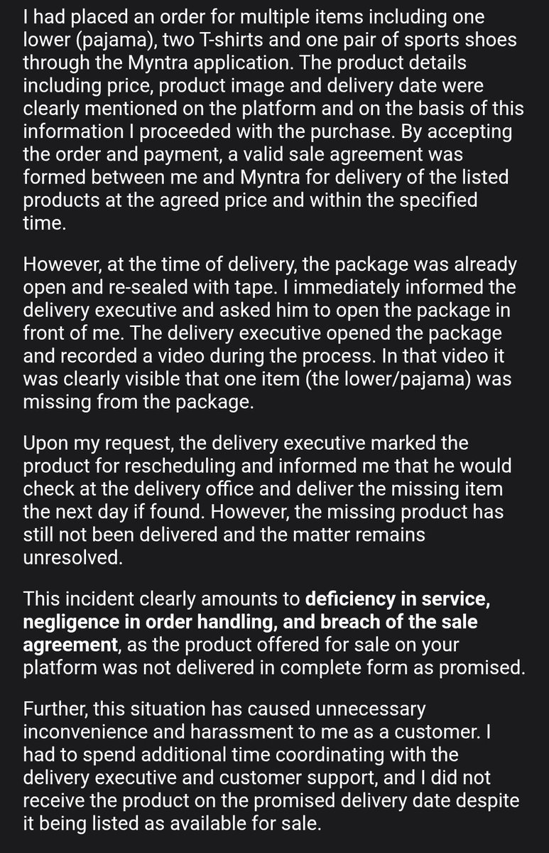 indiareview111's tweet image. Sale agreement breached by @myntra
@MyntraSupport कृपया बताएं कि ऐसी स्थिति में कंपनी कस्टमर को क्या सुविधाएँ/compensation देती है? क्या missing product तुरंत deliver किया जाएगा या harassment के लिए कोई compensation policy है? #CustomerRights #Myntra