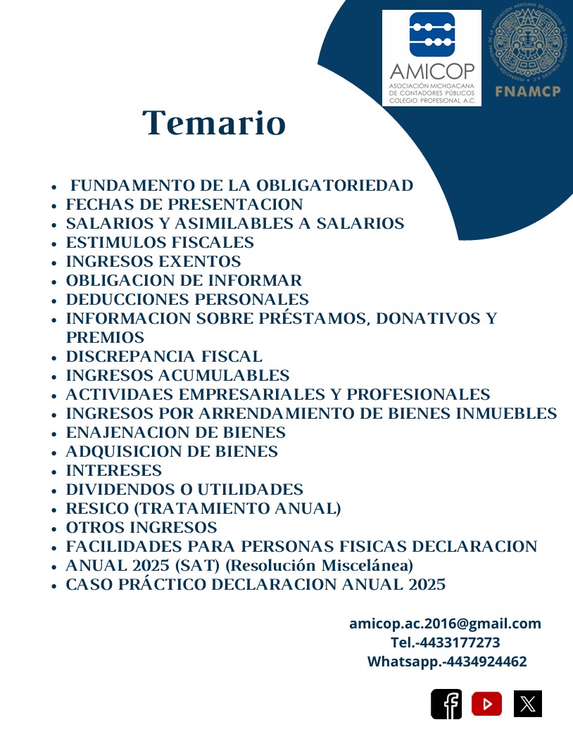 AmicopAc's tweet photo. #Cursotimeamicop 🟡️🔵Declaración Anual de Personas Físicas 2025 y el Impacto de las modificaciones del Código Fiscal de la Federación 2026 📅Jueves 26 de marzo del 2026, ⏰Horario de 4 a 8 pm,📍 Lugar Mansión Solís, salón "VIVA EL AMOR" ‼Reserva tu lugar...🤓 https://t.co/EJK2IU9STw