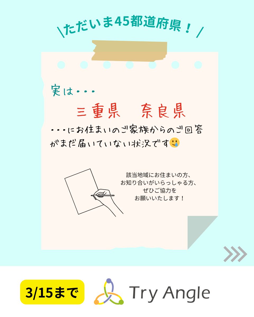 tryangle_tw's tweet photo. 🔥アンケート目標300件まで、あと46件🔥
皆さんのご協力で、なんと254件まで集まりました！本当にありがとうございます😭
今回は都道府県別の回答数を地図にしてみました✨ 
全国制覇まであと少し！
でも、実は回答をいただいていない県が２つ…
三重県・奈良県にお住まいの方、いらっしゃいませんか？ https://t.co/bsIchCWta8