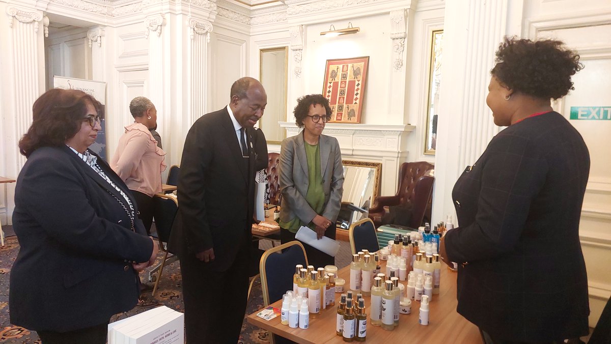 ZimLondonEmb's tweet photo. A delegation of women-led enterprises in the essential oils and beauty sector from Zimbabwe, conducted a workshop and exhibition at the Embassy of the Republic of Zimbabwe in London as part of the SheTrades Commonwealth+ Programme, implemented by the International Trade Centre. The event formed part of a broader Zimbabwe–UK market engagement mission aimed at strengthening export readiness and connecting women entrepreneurs with international buyers, distributors, and industry stakeholders. The delegation was received by His Excellency, The Ambassador Col. (Rtd) C. M. Katsande who toured the exhibition of various traditional natural health and beauty products. In his welcome remarks, he highlighted that the United Kingdom remains a priority export market for Zimbabwe. The Mission’s engagements are underpinned by preferential market access frameworks, notably the Economic Partnership Agreement between Eastern and Southern African States and the UK (UK-ESA-EPA).
The engagement provided a platform for the entrepreneurs to showcase their natural essential oils and beauty products made from herbs such as the resurrection bush, exchange market insights, and explore opportunities for partnerships and market access within the United Kingdom.
