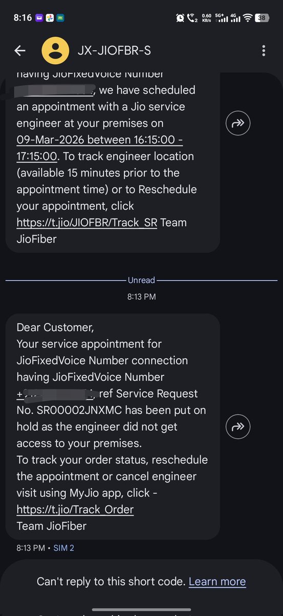 soni6129's tweet photo. @JioCare What rubbish, nobody did call or any update and i am receiving this message. Even yesterday it was scheduled for a visit but nobody came to visit. #jiofiber #JioHotstar #Reliancejio #Jiocutomerservice #patheticjio https://t.co/SrmlzeK5TE