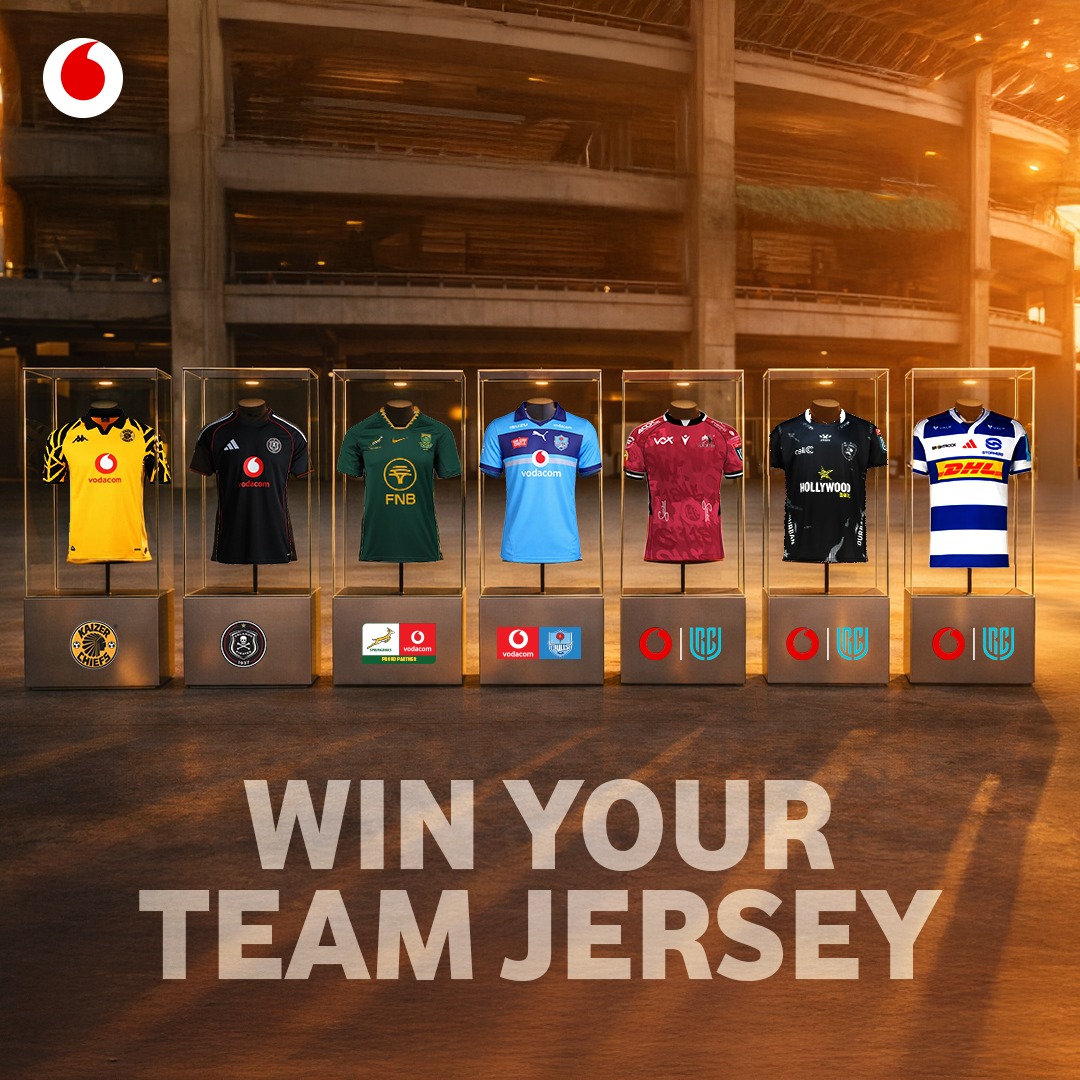 Vodacom's tweet photo. Champions recognise champions. 🏆

From rugby greats to soccer legends, Vodacom proudly supports the teams that keep the nation cheering.

We’re giving away official team jerseys. Enter now and stand a chance to win!

Ts and Cs apply

Competition closes: 31 May 26 (23h59)