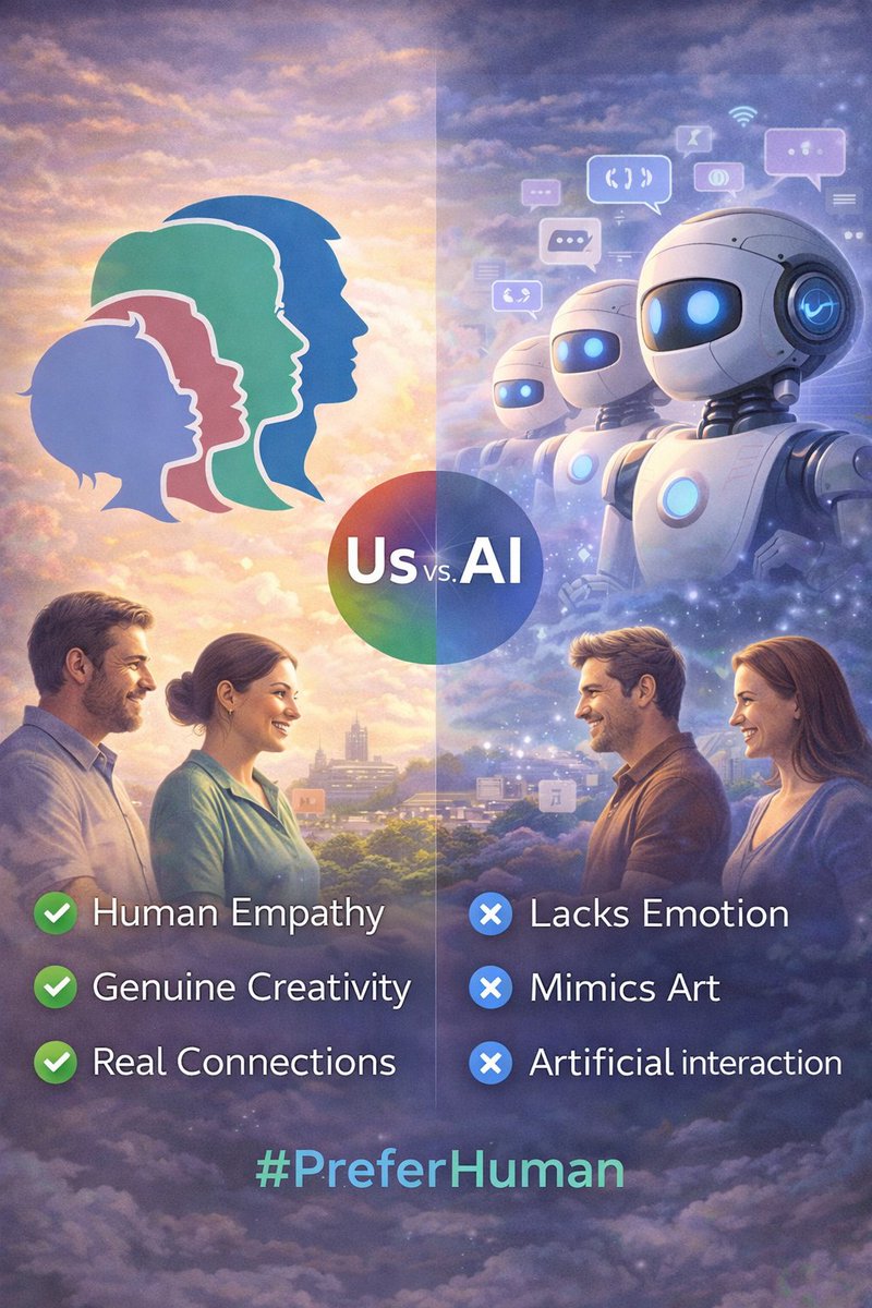 PreferHuman's tweet photo. 🤝 Technology can assist, but humanity connects.

In a world increasingly powered by machines and automation, the values that truly matter remain human empathy, creativity, and genuine relationships.

Because real innovation starts with people.

#PreferHuman #HumanConnection https://t.co/N60gRczl37