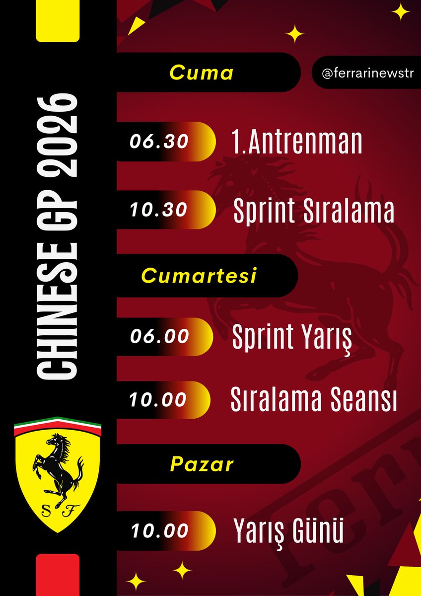 😍 Formula 1’de Sprint Yarış Haftasındayız.

🇨🇳 Heyecanın Yeni Durağı Çin! 

🗒️ Alarmınızı kurmayı ve programı kaydetmeyi unutmayınız.