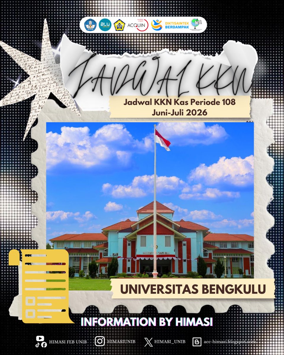 📢 *[𝐀𝐍𝐍𝐎𝐔𝐍𝐂𝐄𝐌𝐄𝐍𝐓]* 📢 

Assalamu’alaikum Warahmatullahi Wabarakatuh.

Halo mahasiswa S1 Akuntansi Universitas Bengkulu 👋

Telah dibuka *KKN Kuliah Antar Semester (Periode 108) Tahun 2026 yang akan dilaksanakan pada bulan Juni – Juli 2026.* 

Bagi mahasiswa yang akan