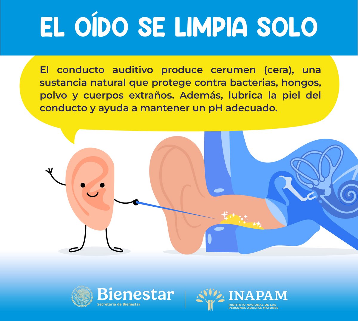 INAPAM's tweet photo. #SabíasQue el #Oído tiene su propio sistema de #Limpieza 🚫 #No es necesario #Limpiar por dentro del #Oído #Se #Limpia #Solo ya que la #Cera migra espontáneamente hacia afuera que es cuando se puede limpiar con una toalla en la parte externa del oído #SaludAuditiva #CuidaTusOídos https://t.co/TdaV851wOJ