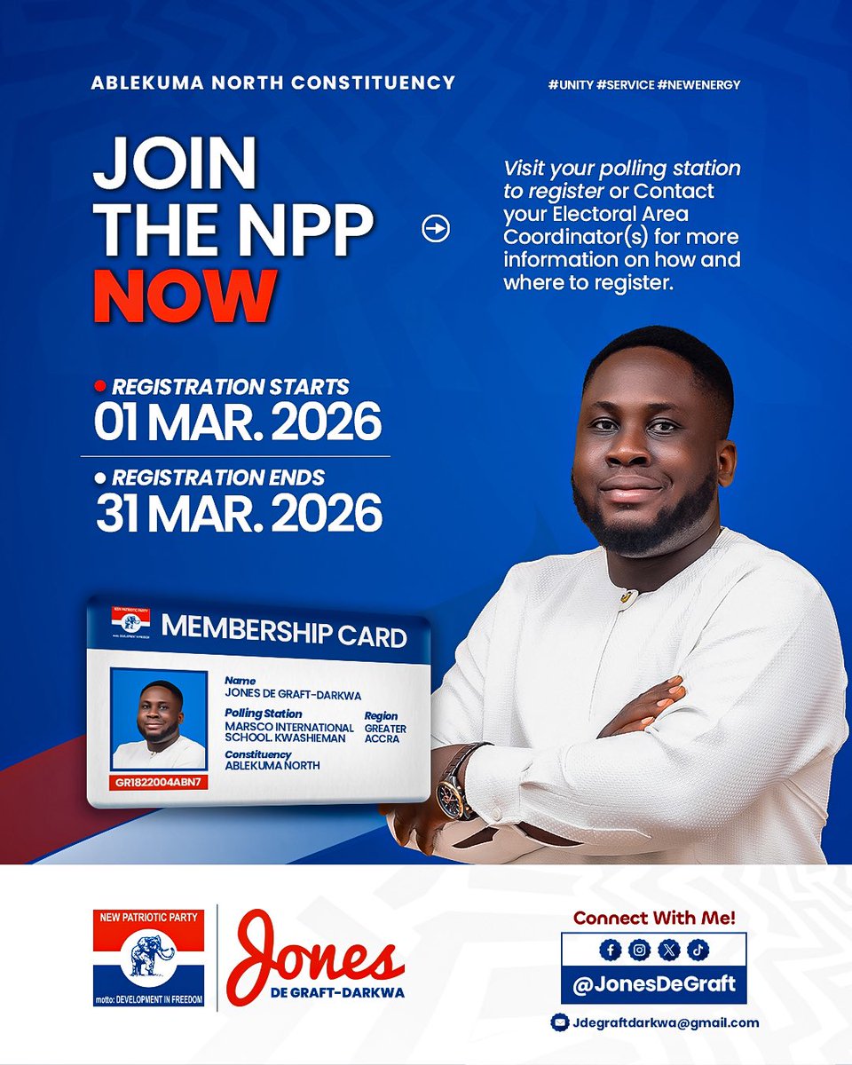JonesDGraft's tweet photo. Ablekuma North: Join the NPP Now. Visit your polling station to register or contact your Electoral Area Coordinator(s) for more details. https://t.co/7k85NmU49e