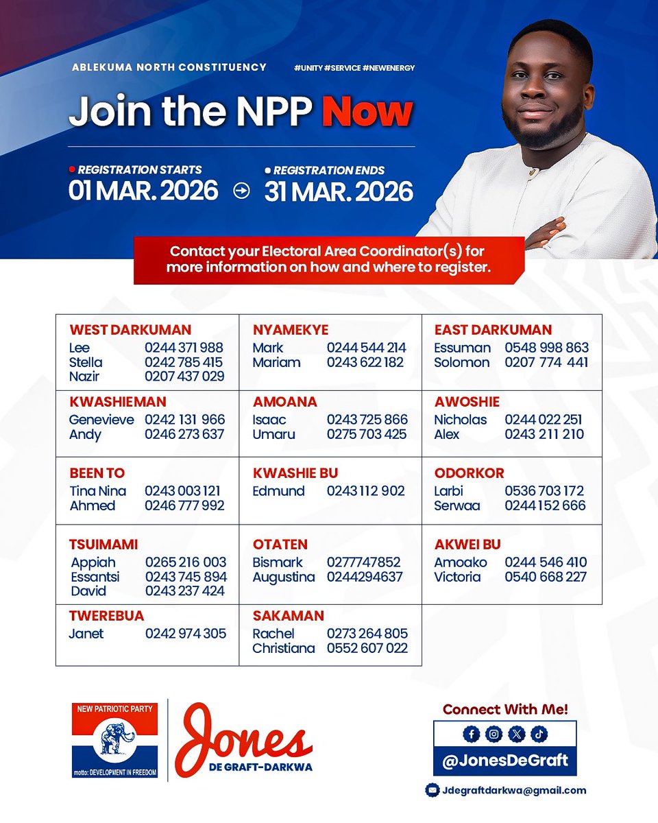 JonesDGraft's tweet photo. Ablekuma North: Join the NPP Now. Visit your polling station to register or contact your Electoral Area Coordinator(s) for more details. https://t.co/7k85NmU49e