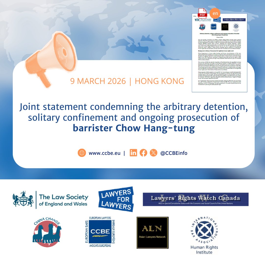 CCBEinfo's tweet photo. 📢#Avocatsendanger #HongKong | Le CCBE, aux côtés d'organisations d'avocats, condamne la détention arbitraire, l'isolement carcéral et les poursuites judiciaires contre l'avocate Chow Hang-tung en vertu de la loi sur la sécurité nationale.🔎https://t.co/2onO0vDWPK https://t.co/qorBeG14SA