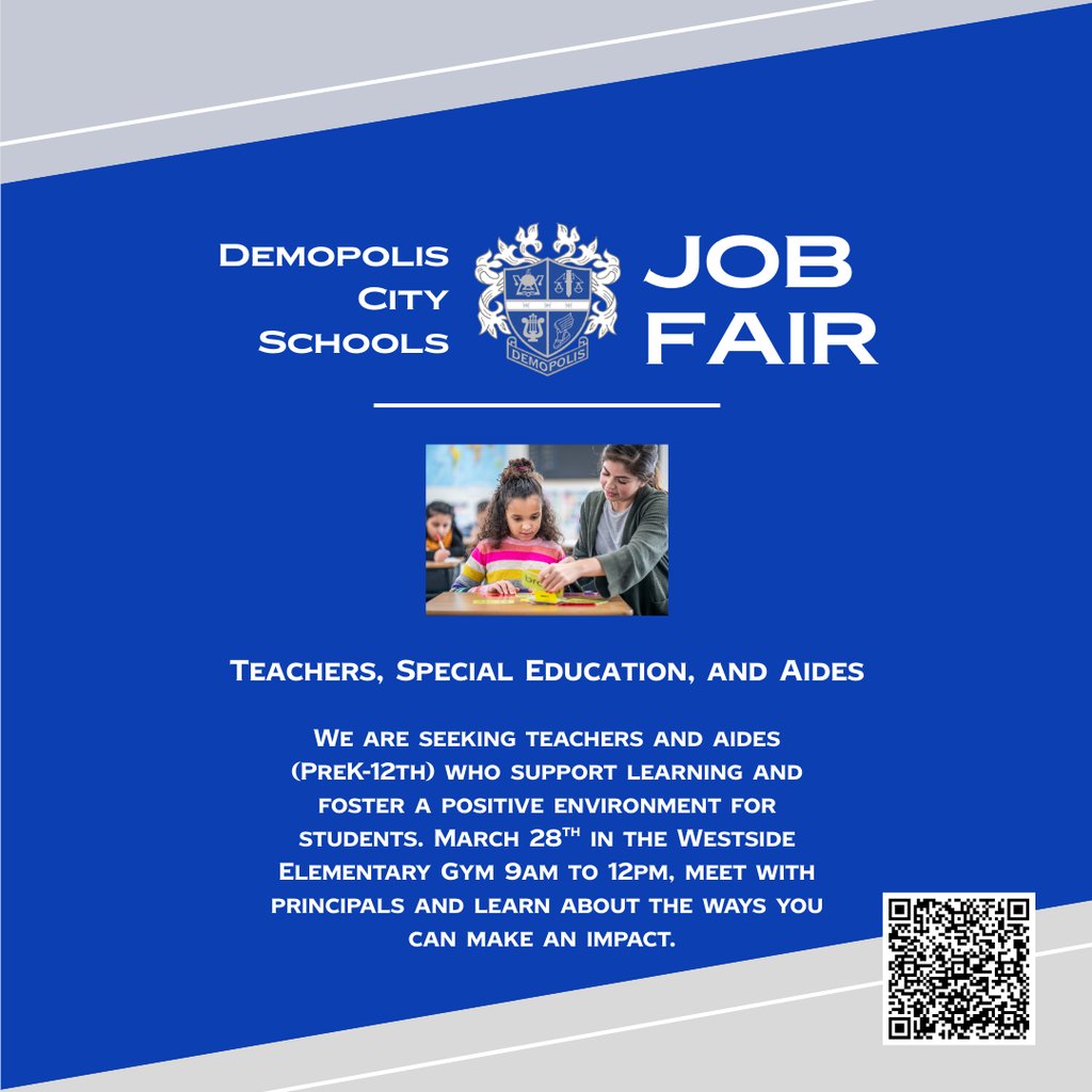 demoptigers's tweet photo. Are you interested in the field of education?  Come see us March 28, 2026 in the Westside gym for a DCS Job Fair!
Click on the link below or use the QR Code to let us know if you will be attending! 
https://t.co/cIBDUTAocp https://t.co/OW8oafElbL