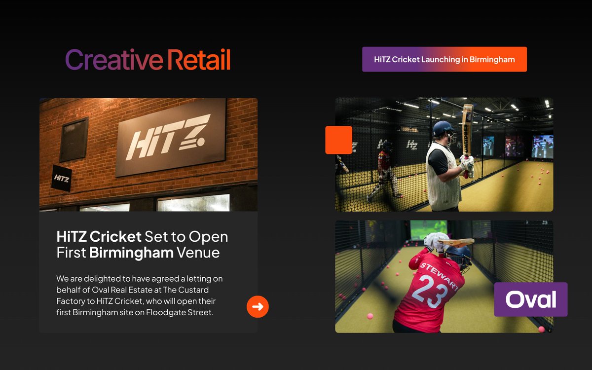 creativeretail8's tweet photo. Excited to agree a letting at on behalf of Oval Real Estate The Custard Factory, Digbeth, to @HITZCricket! 🏏

Opening their first Birmingham site on Floodgate Street, bringing a next-gen cricket experience to the city. 💪 https://t.co/IKdDj0EBBB