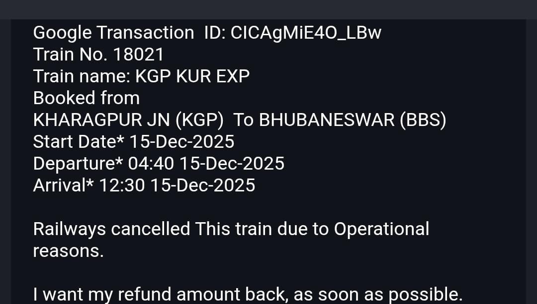 Ronymallick111's tweet photo. @RailMinIndia @AshwiniVaishnaw @IRCTCofficial RAILWAYS  ITSELF CANCELLED THE  TRAIN  ON 15 DEC 2025 BUT IRCTC RETIRING ROOM REFUND PAYEMENT HAS NOT BEEN CREDITED YET. 
SIR, PLEASE LOOK INTO THIS MATTER. https://t.co/iTENguCy2p