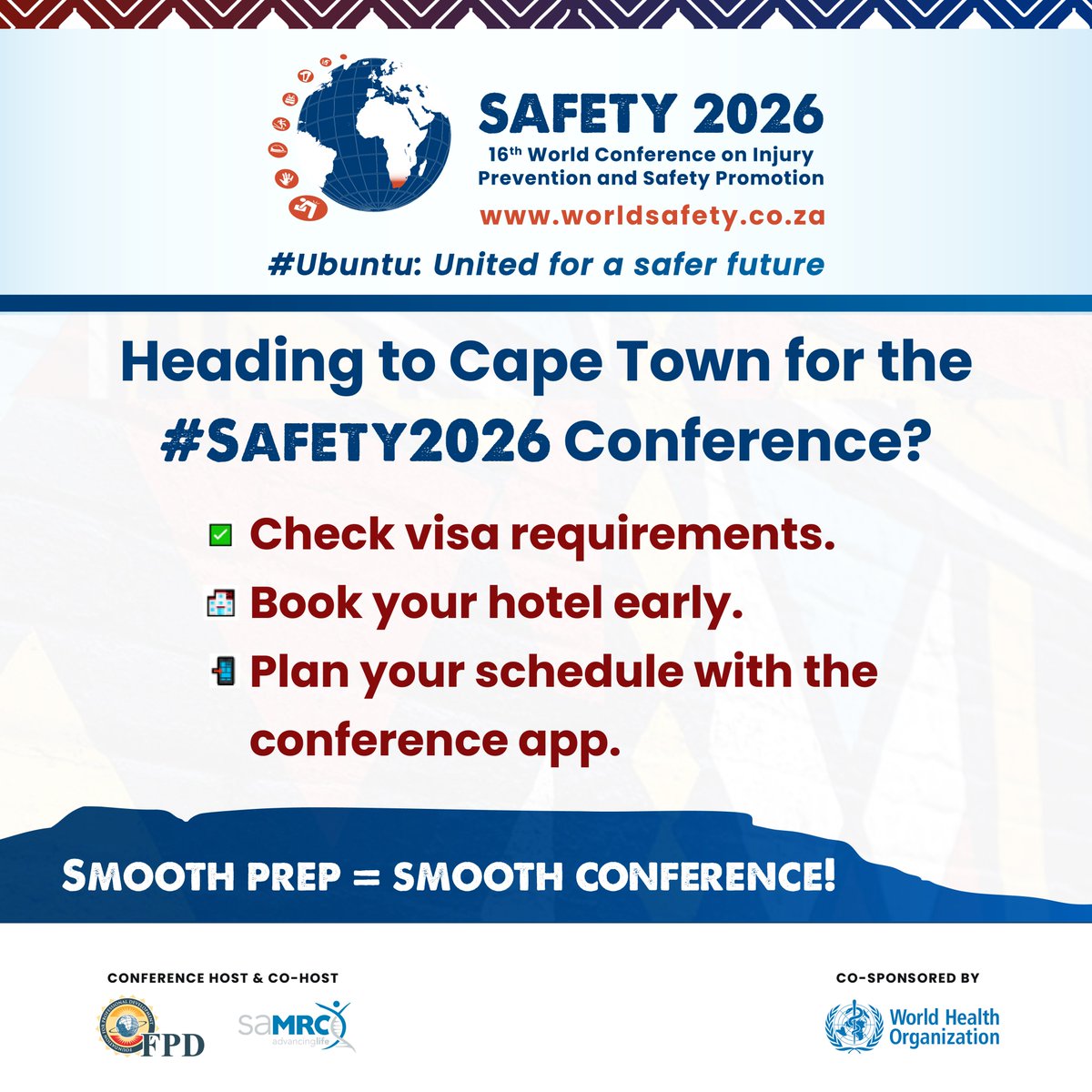 Conf_Safety's tweet image. Cape Town is ready — Are you? ✈️ Plan ahead for a smooth Safety Conference experience!​ Click here to book: bit.ly/4s2HY0X​
#SafetyConference2026 #TravelTips #Accommodation