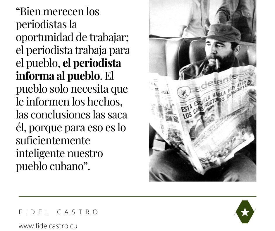 ✍️#FidelCastro sobre la prensa cubana: "Bien merecen los periodistas la oportunidad de trabajar; el periodista trabaja para el pueblo, el periodista informa al pueblo (...)".

fidelcastro.cu
#100AñosConFidel #Cuba #Revolución #FidelCastro #SomosCuba