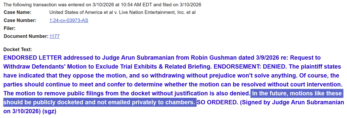 innercitypress's tweet image. Look - attempts to remove even those filings that are in the Live Nation dockets are ongoing, while Inner City Press' motion and reply to unseal remains pending (as well as request for undocketed exhibit). Watch this feed