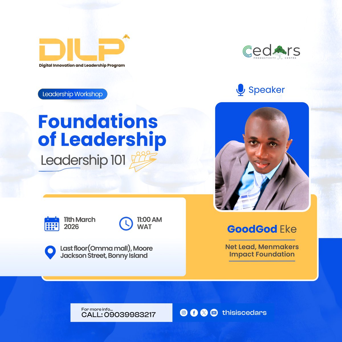 thisiscedars's tweet photo. Every great leader starts with a foundation; built not on title or authority, but on vision, character, and the courage to act.

In Foundations of Leadership (Leadership 101) with Mr. Eke GoodGod, DILP participants will uncover the principles that shape leaders who inspire, https://t.co/BIZAdhNd0a