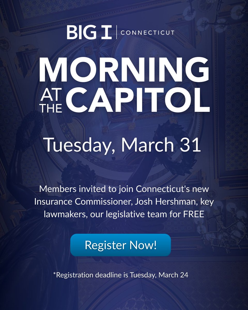 bigiconnecticut's tweet image. Be the voice of independent agents at the Capitol

Join Big I Connecticut on March 31 for a Morning at the Capitol in Hartford.

Register by March 24.

#BigICT #InsuranceAdvocacy #IndependentAgents