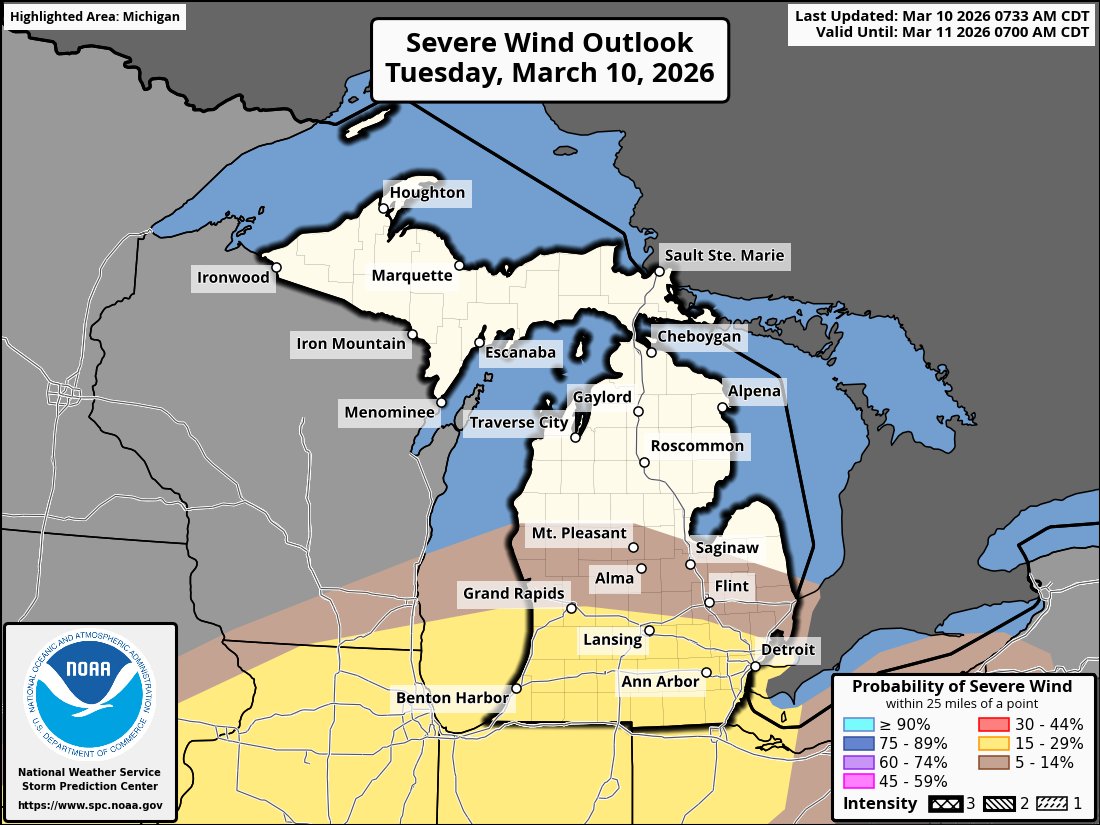 CEaslickWNEM's tweet photo. #TV5FirstAlert: Our main concern in the WNEM area tonight (in addition to freezing rain), would be the possibility of large hail (greater than 2" in the dashed area on the hail outlook). The tornado threat is mainly along and south of I-94. Strong wind gusts are also possible. https://t.co/fQ4WKuJ80J