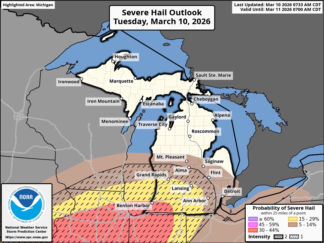CEaslickWNEM's tweet photo. #TV5FirstAlert: Our main concern in the WNEM area tonight (in addition to freezing rain), would be the possibility of large hail (greater than 2" in the dashed area on the hail outlook). The tornado threat is mainly along and south of I-94. Strong wind gusts are also possible. https://t.co/fQ4WKuJ80J