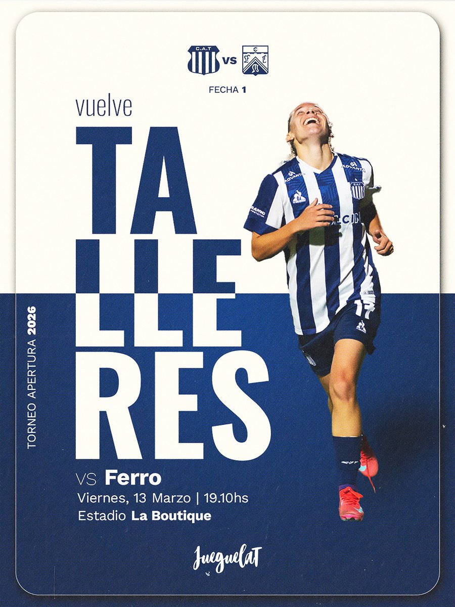 En 3 días, VUELVE TALLERES 😍 🥰🤸

🏆 Apertura 2026
✅ Fecha 1️⃣
🆚 Ferro 
🗓️ Viernes 13/3
🕖 19:10hs
🏟️ La Boutique

#JueguelaT