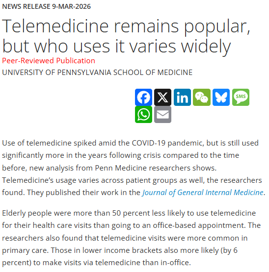 TomKindlon's tweet image. News Release 9-Mar-2026

Telemedicine remains popular, but who uses it varies widely

eurekalert.org/news-releases/…

“Telemedicine is no longer just a pandemic workaround—it has become a routine part of care delivery,”

#chronicillness #Spoonie