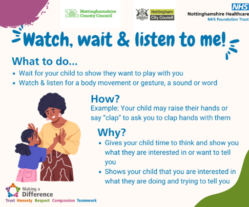EarlyNottingham's tweet photo. Watch 👀, wait ⏳ and listen 👂 — let your child lead. 
#NottsYearOfCommunication https://t.co/X3Lji11grj