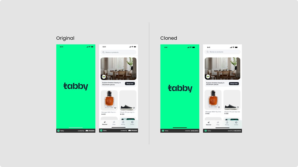 mrbroown's tweet photo. Day 17/30 — UI Copy Challenge

App: Tabby
Screens: Splash, Discover

A buy-now-pay-later app mixing content and commerce. 

#ProductDesign #LearnInPublic #30DaysOfUI https://t.co/TiQsTHHgLQ