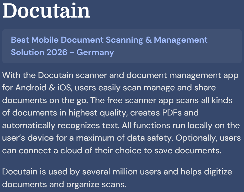 docutain's tweet photo. 🏆 Award news!

Docutain has been named “Best Mobile Document Scanning &amp; Management Solution 2026 – Germany” at the Business Excellence Awards by @acquisition_int.

A big thank you to our amazing team, partners &amp; users who made this possible! 🚀

🔗 https://t.co/pAPMWZNT9P https://t.co/MJyRSYbYgS