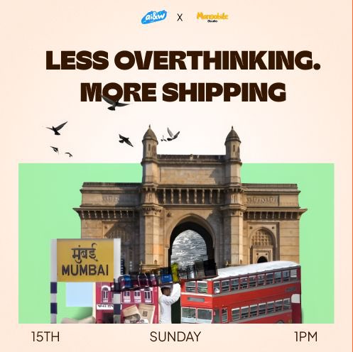 aiweekendsxyz's tweet photo. we’re bringing ai &amp; weekends ep5 to mumbai this sunday.

same format as always.
bring a laptop. bring an idea.

we spend 4 hours building and ship something by the end.

the only rule: you ship before you leave.

see you all! https://t.co/TSF8rAusO0