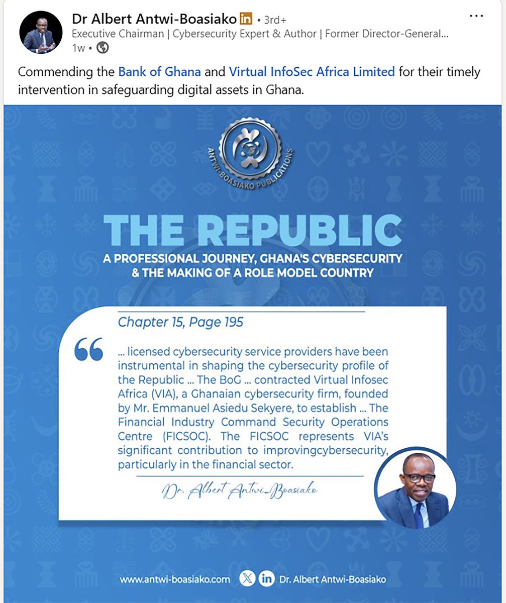 We are honoured to be recognised in “The Republic” a book by Dr. Albert Antwi-Boasiako; Cybersecurity Expert and Former Director-General, Cyber Security Authority (CSA), Ghana

#CyberSecurity #DigitalSecurity #Ghana #VirtualInfoSecAfrica #CyberResilience