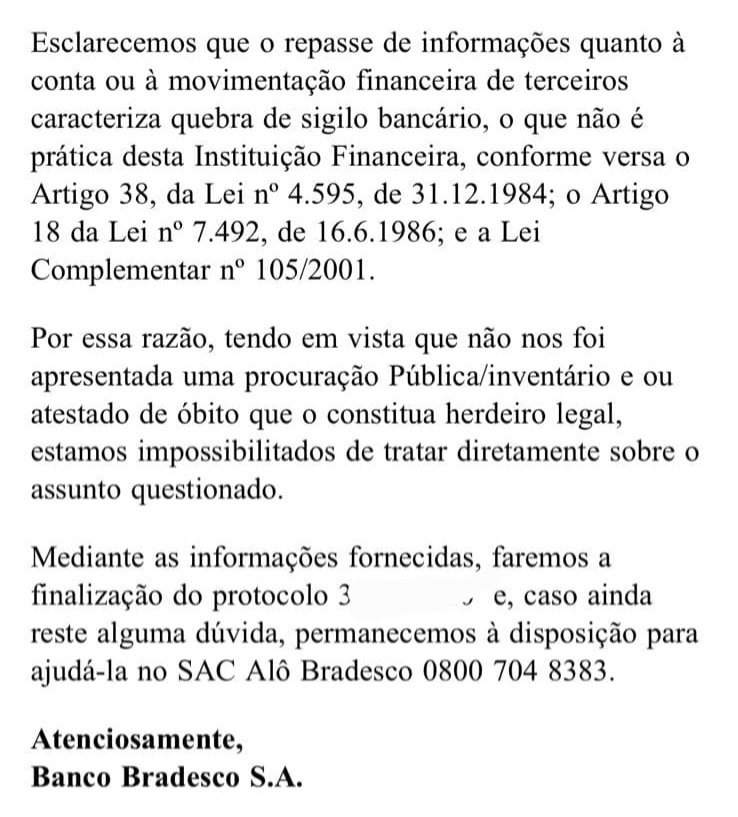 redator's tweet photo. @Bradesco Olha que resposta horrorosa. "Tendo em vista que você não tenha procuração ou atestado de óbito". Nem um chatgpt seria tão insensível. https://t.co/bUKdmupdSq