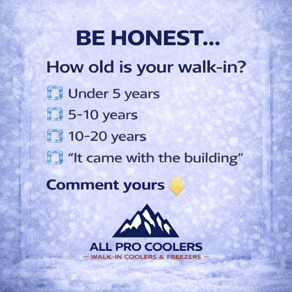 AllCoolers's tweet photo. How old is your walk-in cooler? 😲 With proper care, they last 20+ years! Share your unit's age below! https://t.co/r2P0JBAqcc #Coolers #Refrigeration #RestaurantLife https://t.co/tgxP4bxMGT
