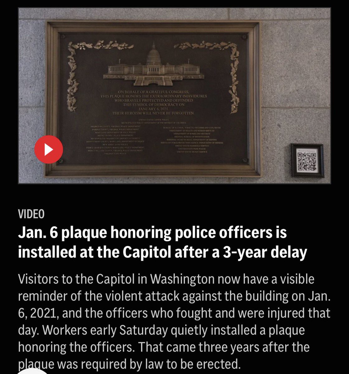 DemsAbroad's tweet image. A plaque honoring law enforcement officers who protected the Capitol during the #January6th insurrection was finally hung, at 4am, in a part of the building the public can’t go.

It took over 1000 days, since Speaker Johnson indefinitely delayed the installation, saying the 2022