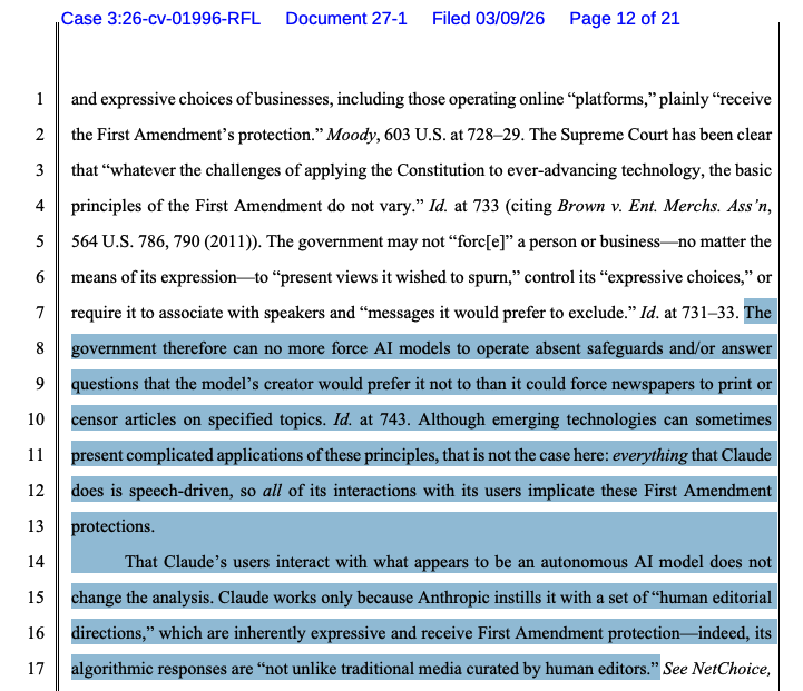 NicoPerrino's tweet photo. Recent commenters on my posts have been skeptical that certain AI applications receive First Amendment protection.

FIRE’s brief in the Anthropic case explains some of the rationale. https://t.co/GSr9CFEwDI