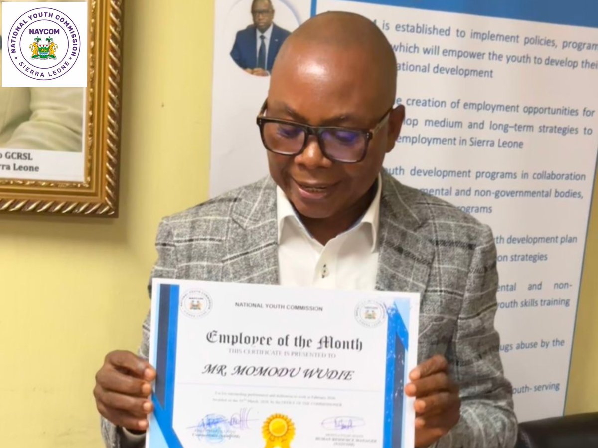 youth_sierra's tweet photo. Meet Momodu Wudie, Director of Programmes, our #StaffOfTheMonth for February 2026.
This is his 2nd time receiving this honour (Aug 2025).
Recognizing hard work & dedication driving @NAYCOM's success!
Congrats, Director Wudie! https://t.co/FNU8Ze3MBM