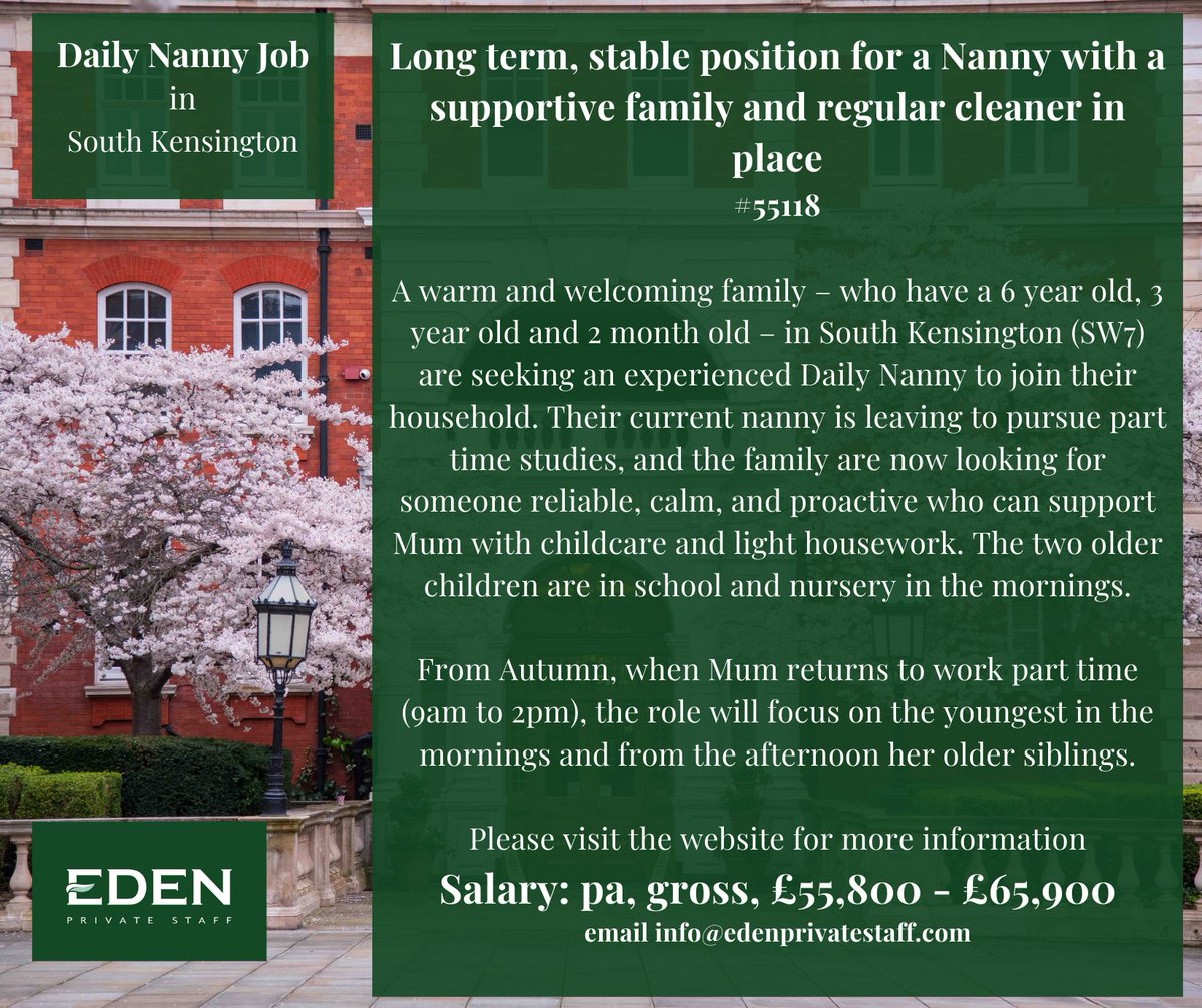 EdenPrivateStaf's tweet photo. Daily Nanny role – South Kensington (SW7) | £55,800–£65,900 gross

📩 Apply via Eden Private Staff website https://t.co/2ctBccA1N6

#DailyNanny #NannyJob #SouthKensington #SW7 #LondonNanny #NannyVacancy #PrivateStaff https://t.co/dYNlzMzQoQ